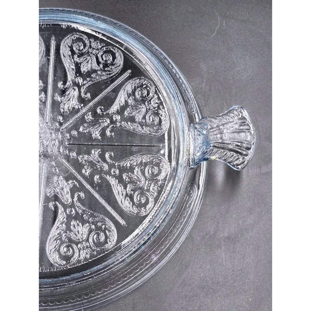 Philbe Sapphire Blue Fire King Glass Serving Dish and Trivet‎ SET Floral Etched